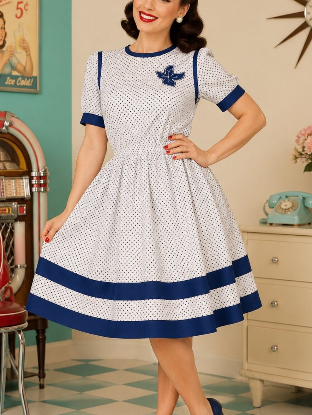 Vintage 1970 Leygil London Retro Polka Dot White Dress